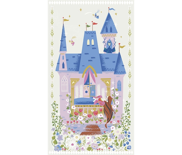 Parchment Princess Castle Sparkle Panel - Little Brier Rose - Riley Blake Cotton Fabric