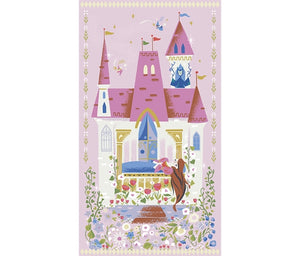 Pink Princess Castle Sparkle Panel - Little Brier Rose - Riley Blake Cotton Fabric