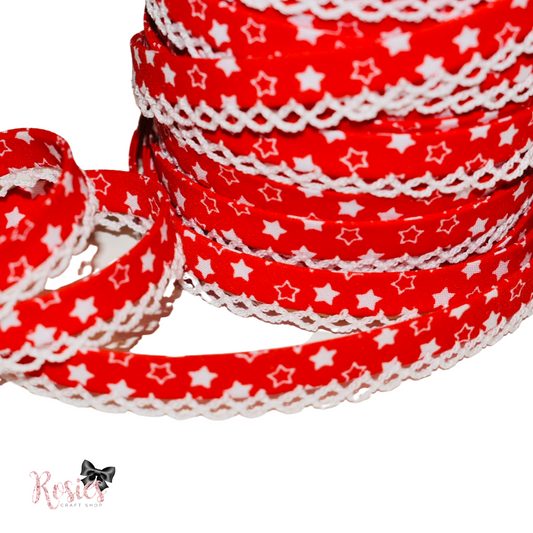 12mm Red with White Stars Pre-Folded Bias Binding with Scallop Lace Edge