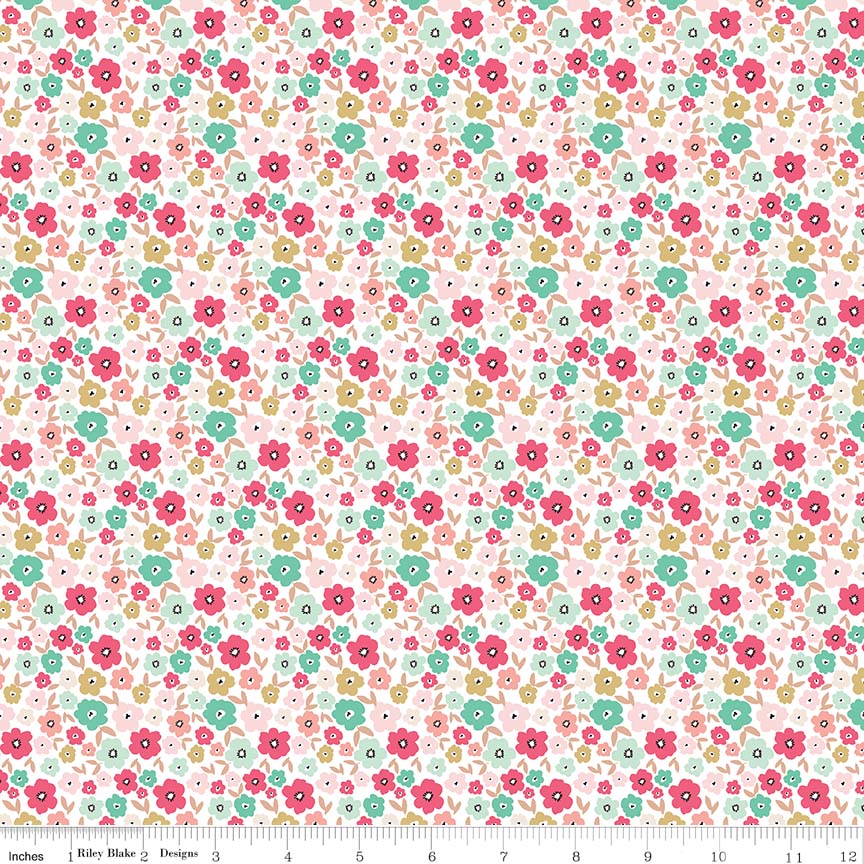 Floral White Gold Sparkle - Glam Girls - Riley Blake Cotton Fabric