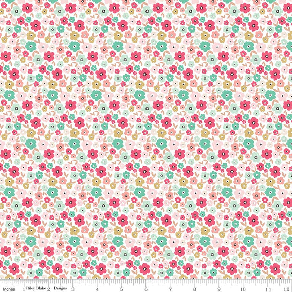 Floral White Gold Sparkle - Glam Girls - Riley Blake Cotton Fabric