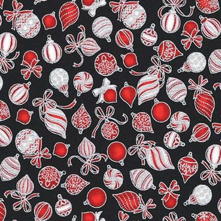 Silver Metallic Baubles Black - Holiday Charms - Robert Kaufman Cotton Fabric ✂️ £14 pm