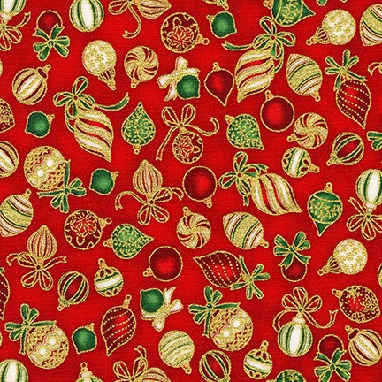 Gold Metallic Baubles Red - Holiday Charms - Robert Kaufman Cotton Fabric ✂️ £14 pm