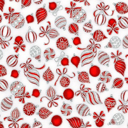 Silver Metallic Baubles White - Holiday Charms - Robert Kaufman Cotton Fabric ✂️ £14 pm
