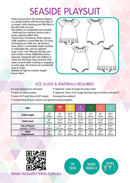 Seaside Playsuit Sewing Pattern - Tadah Patterns - Rosie's Craft Shop Ltd