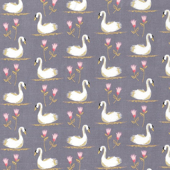 Grey Metallic Swan - Swans A Swimming - Glitter Critters by Michael Miller 100% Cotton Fabric - Rosie's Craft Shop Ltd