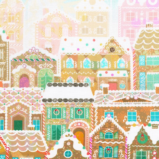 Christmas Gingerbread House Scene Pink - Tinsel Town - Robert Kaufman Cotton Fabric ✂️