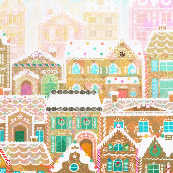 REMNANT 117cm x 110xm Christmas Gingerbread House Scene Pink - Tinsel Town - Robert Kaufman Cotton Fabric ✂️