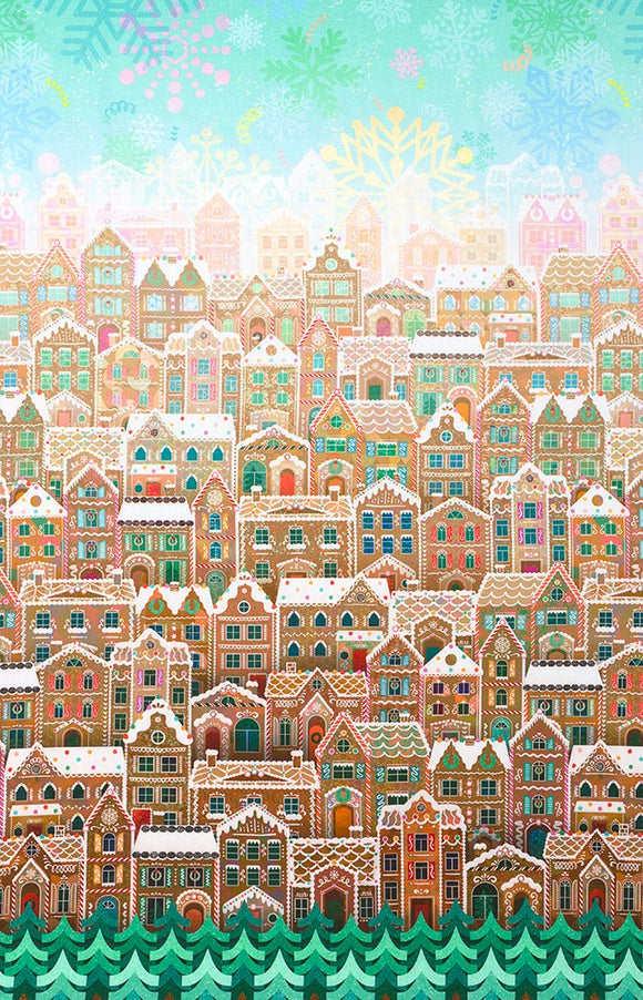 Christmas Gingerbread House Scene Green - Tinsel Town - Robert Kaufman Cotton Fabric ✂️ 🌟 SALE 🌟