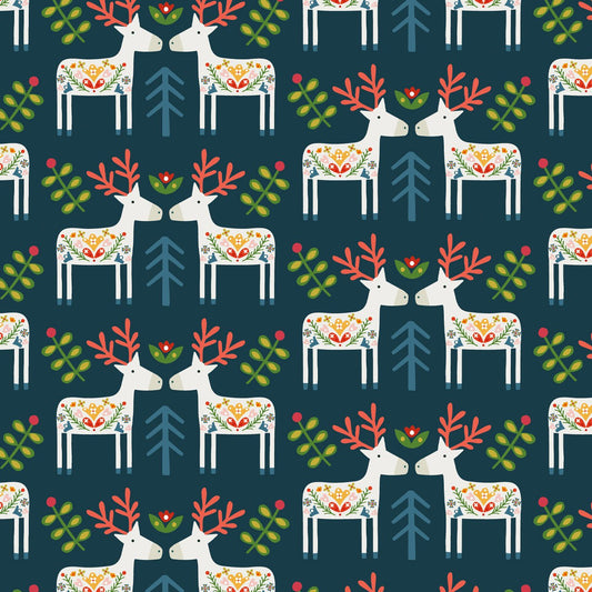 Reindeer on Navy - Winter Folk - Dashwood Studio Cotton Fabric ✂️ £13 pm