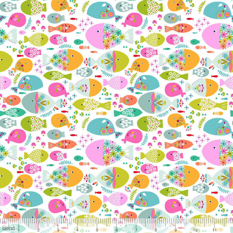 White Swimming With The Fishes - Go Fish By Blend Fabrics 100% Cotton Fabric - Rosie's Craft Shop Ltd