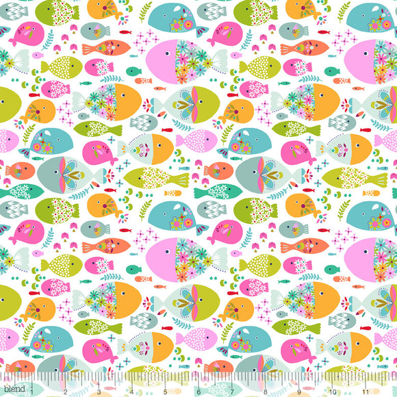 White Swimming With The Fishes - Go Fish By Blend Fabrics 100% Cotton Fabric - Rosie's Craft Shop Ltd