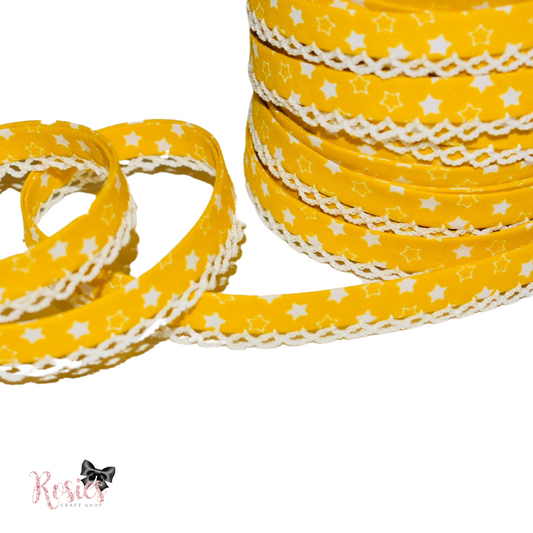 12mm Yellow with White Stars Pre-Folded Bias Binding with Scallop Lace Edge