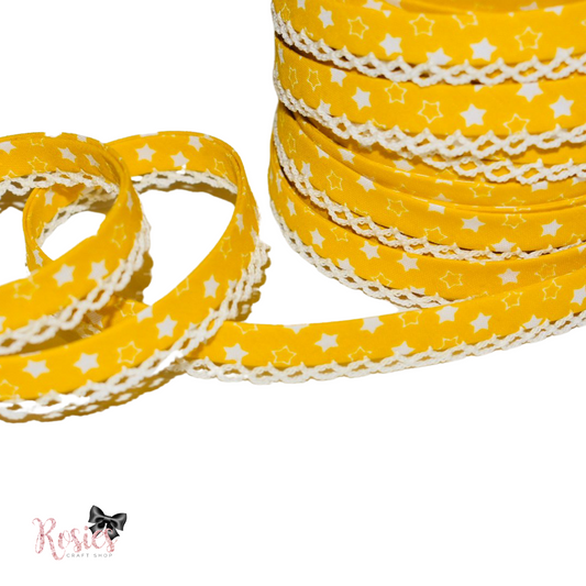 12mm Yellow with White Stars Pre-Folded Bias Binding with Scallop Lace Edge ✂️ *SALE*