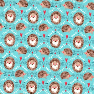 Hedgehogs and Hearts on Turquoise - Hedge A Little Closer - Michael Miller Cotton Fabric