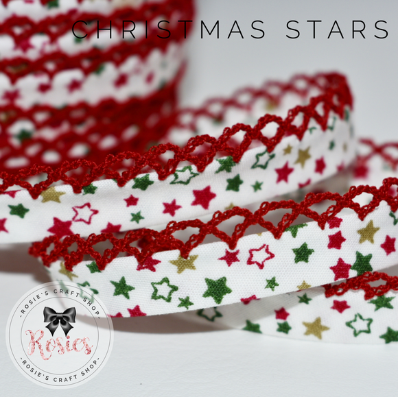12mm Christmas Stars Pre-Folded Bias Binding with Scallop Lace Edge - Rosie's Craft Shop Ltd