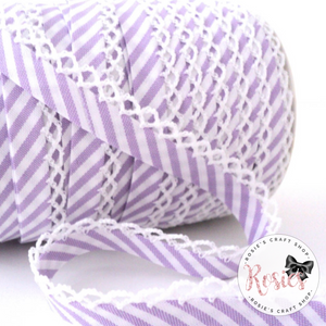 12mm Lilac Candy Stripe Pre-Folded Bias Binding with Scallop Lace Edge - Rosie's Craft Shop Ltd