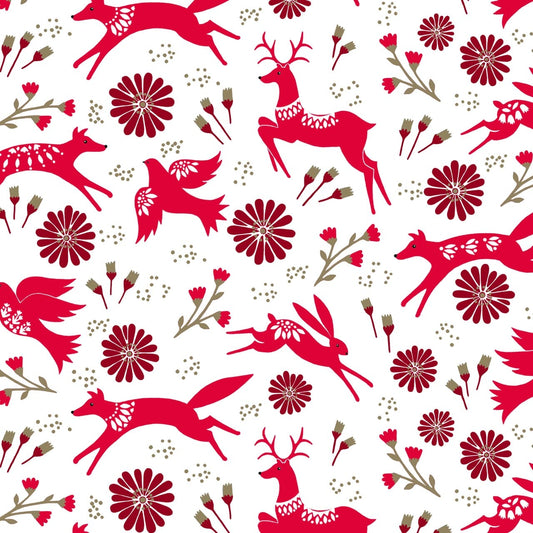Reindeers & Flowers Metallic Red on White - Starlit Hollow - Dashwood Studio Cotton Fabric ✂️ £13 pm