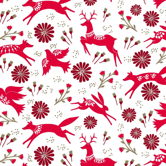 Reindeers & Flowers Metallic Red on White - Starlit Hollow - Dashwood Studio Cotton Fabric ✂️