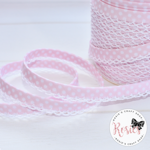 12mm Baby Pink with White Polka Dots Pre-Folded Bias Binding with Scallop Lace Edge - Rosie's Craft Shop Ltd