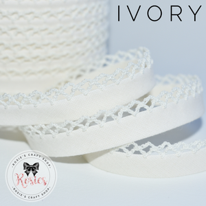 12mm Ivory Plain Pre-Folded Bias Binding with Scallop Lace Edge - Rosie's Craft Shop Ltd