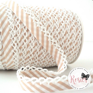 12mm Beige Candy Stripe Pre-Folded Bias Binding with Scallop Lace Edge - Rosie's Craft Shop Ltd