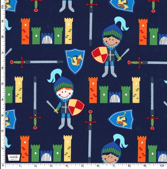 Navy Knights and Castles - Good Knight by Michael Miller - 100% Cotton Fabric - Rosie's Craft Shop Ltd