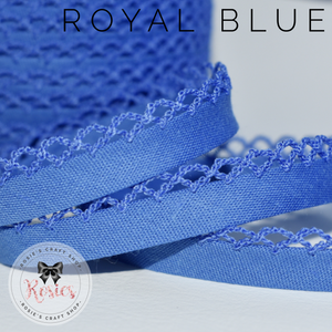 12mm Royal Blue Plain Pre-Folded Bias Binding with Scallop Lace Edge - Rosie's Craft Shop Ltd