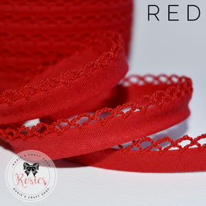 12mm Red Plain Pre-Folded Bias Binding with Scallop Lace Edge - Rosie's Craft Shop Ltd