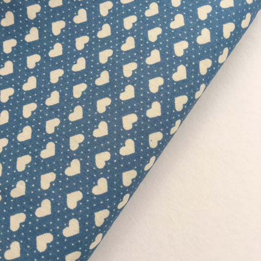 Mini Cream Polka Dot Hearts on Blue 100% Cotton Fabric - Rosie's Craft Shop Ltd