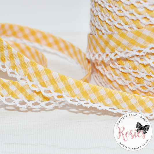12mm Yellow Gingham Pre-Folded Bias Binding with Scallop Lace Edge - Rosie's Craft Shop Ltd