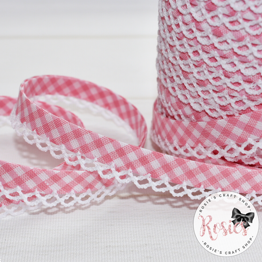 12mm Pink Gingham Pre-Folded Bias Binding with Scallop Lace Edge - Rosie's Craft Shop Ltd