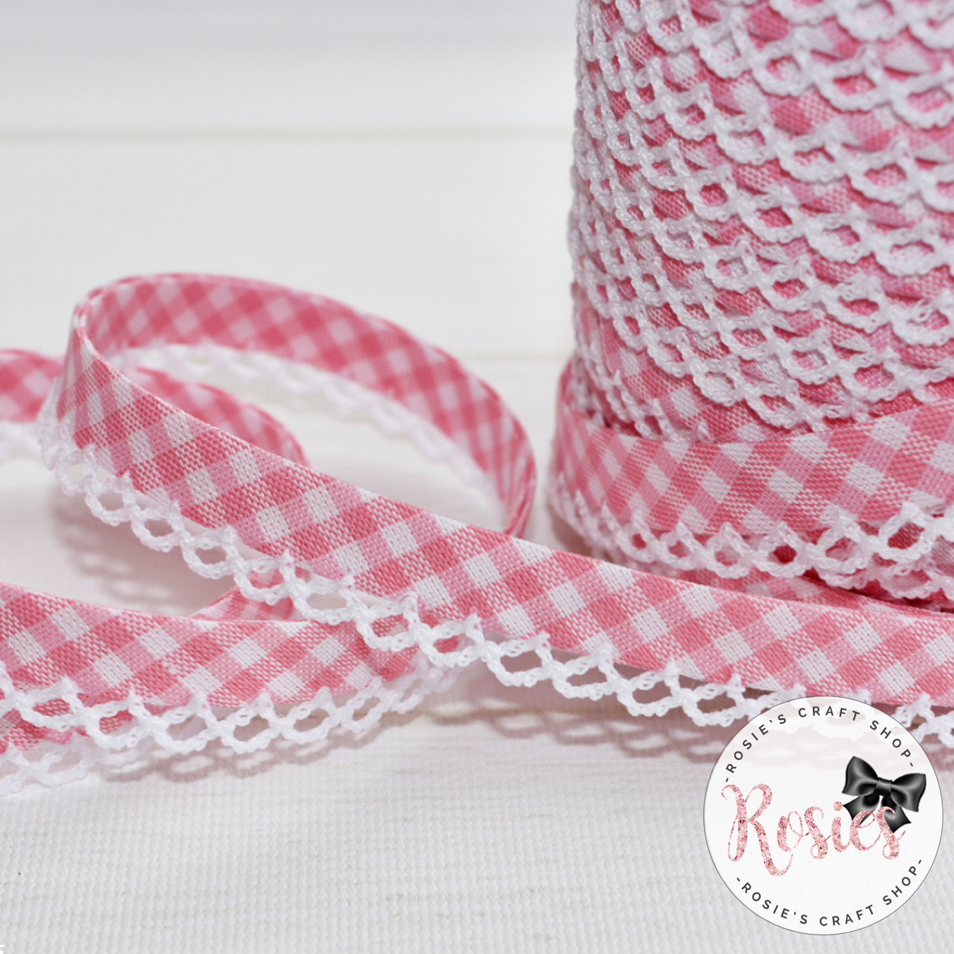 12mm Pink Gingham Pre-Folded Bias Binding with Scallop Lace Edge - Rosie's Craft Shop Ltd