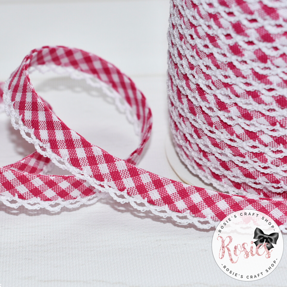 12mm Fuchsia Gingham Pre-Folded Bias Binding with Scallop Lace Edge - Rosie's Craft Shop Ltd