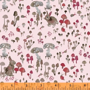 Rabbits and Toadstools on Pink - Enchanted Forest by Windham Fabrics 100% Cotton Fabric - Rosie's Craft Shop Ltd