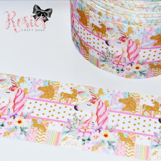 Unicorns on Polka Dot Border Printed Grosgrain Ribbon - Rosie's Craft Shop Ltd