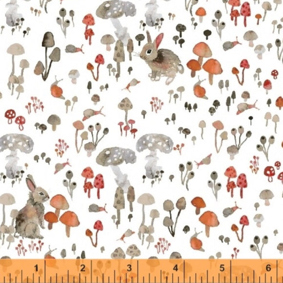 Rabbits and Toadstools on White - Enchanted Forest by Windham Fabrics 100% Cotton Fabric - Rosie's Craft Shop Ltd