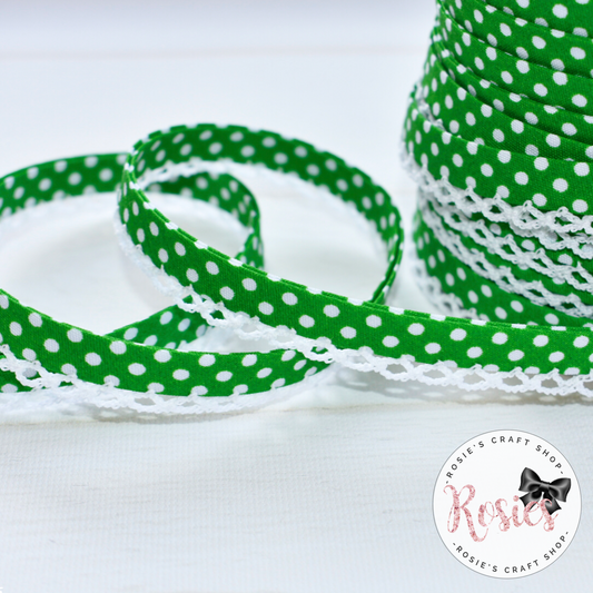 12mm Green with White Polka Dots Pre-Folded Bias Binding with Scallop Lace Edge - Rosie's Craft Shop Ltd