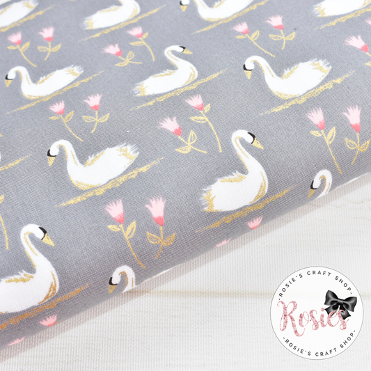 Grey Metallic Swans Designer Fabric Felt - Rosie's Craft Shop Ltd