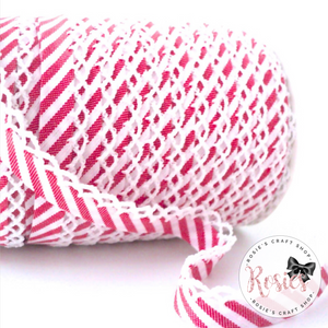 12mm Red Candy Stripe Pre-Folded Bias Binding with Scallop Lace Edge - Rosie's Craft Shop Ltd