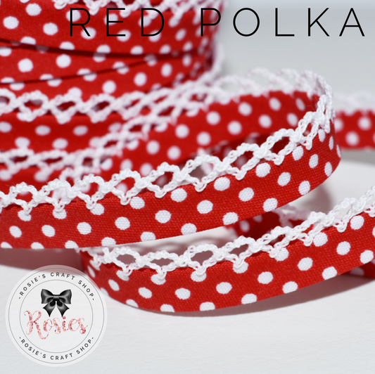 12mm Red Polka Dot Pre-Folded Bias Binding with Scallop Lace Edge - Rosie's Craft Shop Ltd