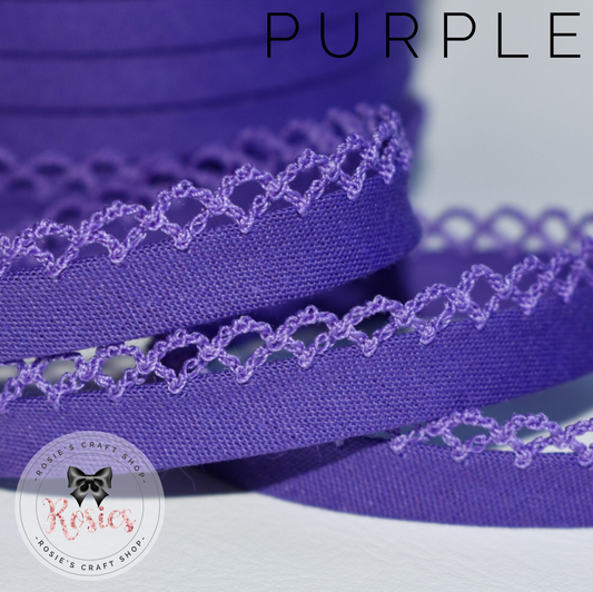 12mm Purple Plain Pre-Folded Bias Binding with Scallop Lace Edge - Rosie's Craft Shop Ltd