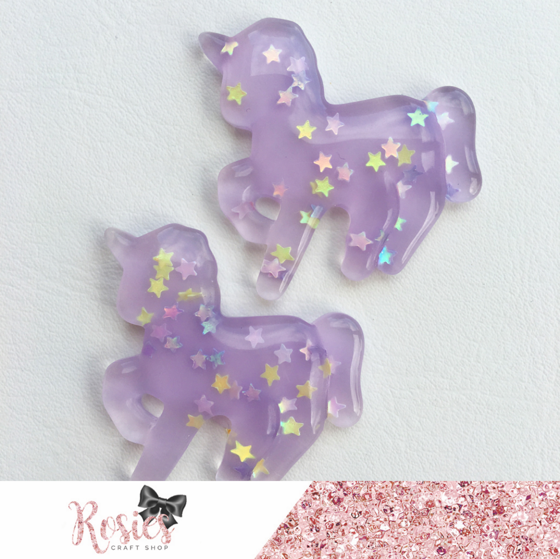 Lilac Unicorn with Stars Clear Flatbacked Resin Embellishment - Rosie's Craft Shop Ltd