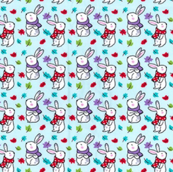 Little Bunnies in Scarves on Mint 100% Cotton Fabric - Rosie's Craft Shop Ltd