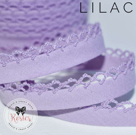 12mm Lilac Plain Pre-Folded Bias Binding with Scallop Lace Edge - Rosie's Craft Shop Ltd