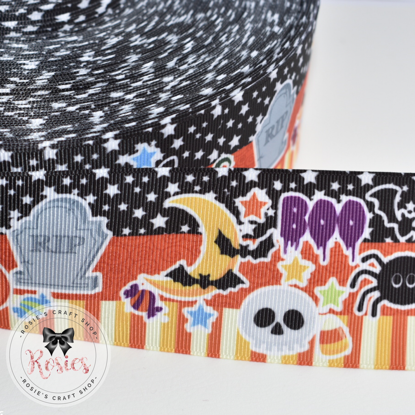 Ghosts & Gravestones Boo! Striped Halloween Printed Grosgrain Ribbon - Rosie's Craft Shop Ltd