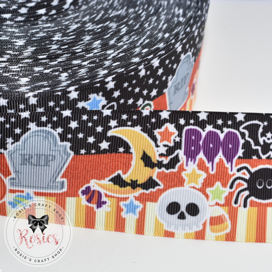Ghosts & Gravestones Boo! Striped Halloween Printed Grosgrain Ribbon - Rosie's Craft Shop Ltd