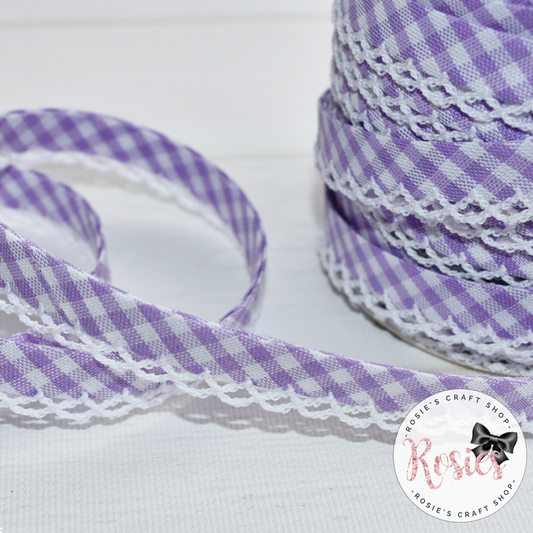12mm Lilac Gingham Pre-Folded Bias Binding with Scallop Lace Edge - Rosie's Craft Shop Ltd