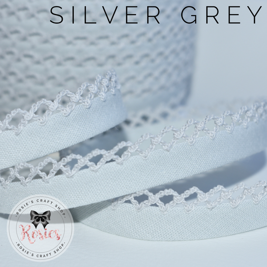 12mm Silver Grey Plain Pre-Folded Bias Binding with Scallop Lace Edge - Rosie's Craft Shop Ltd