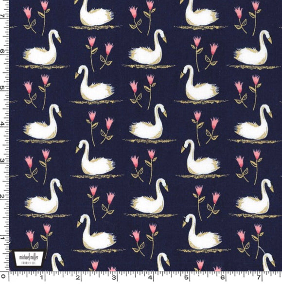 Navy Blue Metallic Swan - Swans A Swimming - Glitter Critters by Michael Miller 100% Cotton Fabric - Rosie's Craft Shop Ltd